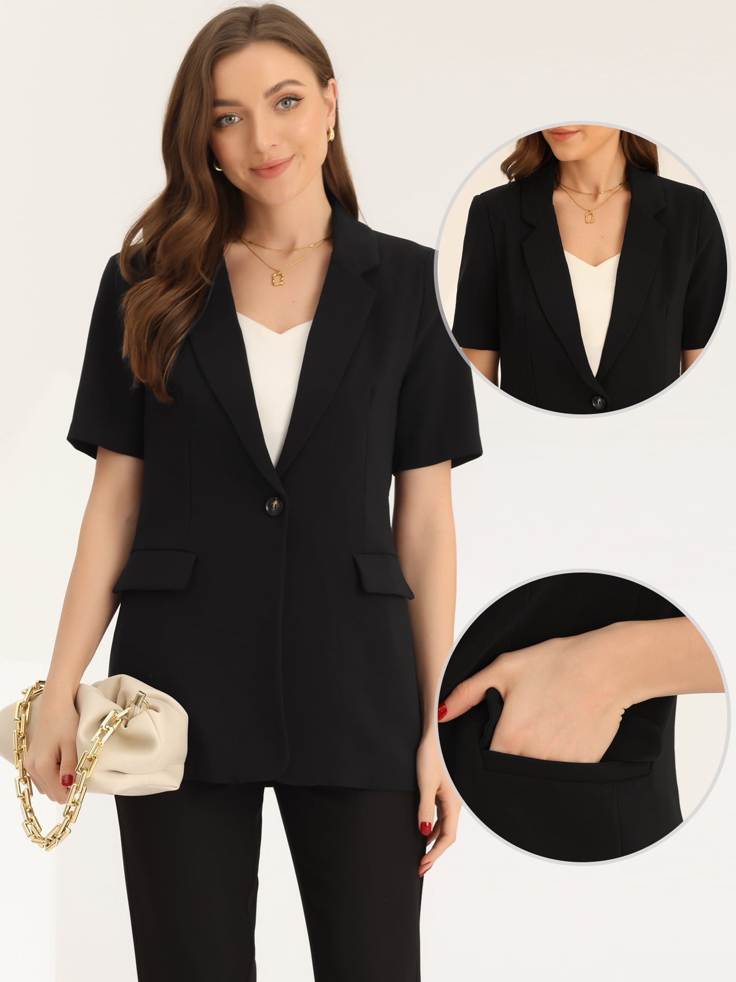 DARING DIVA Short Sleeve Button Down Lapel Blazer XL Black