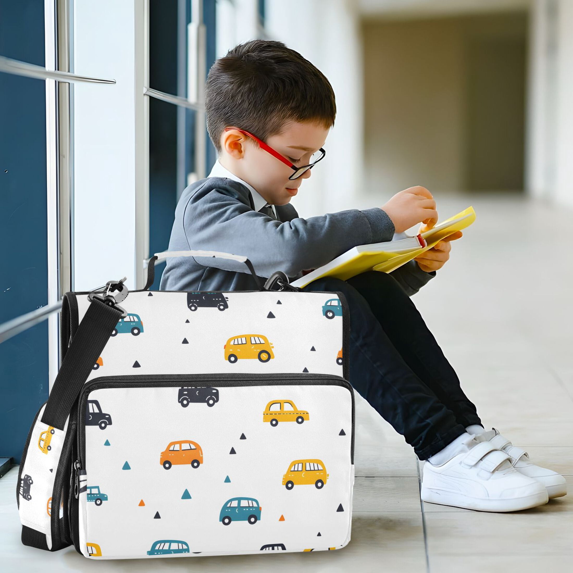 3 Ring Zipper Binder with Shoulder Strap Waterproof Trapper Keeper 2 Inch D-Ring 500 Sheets Capacity Cute Cars and Triangles