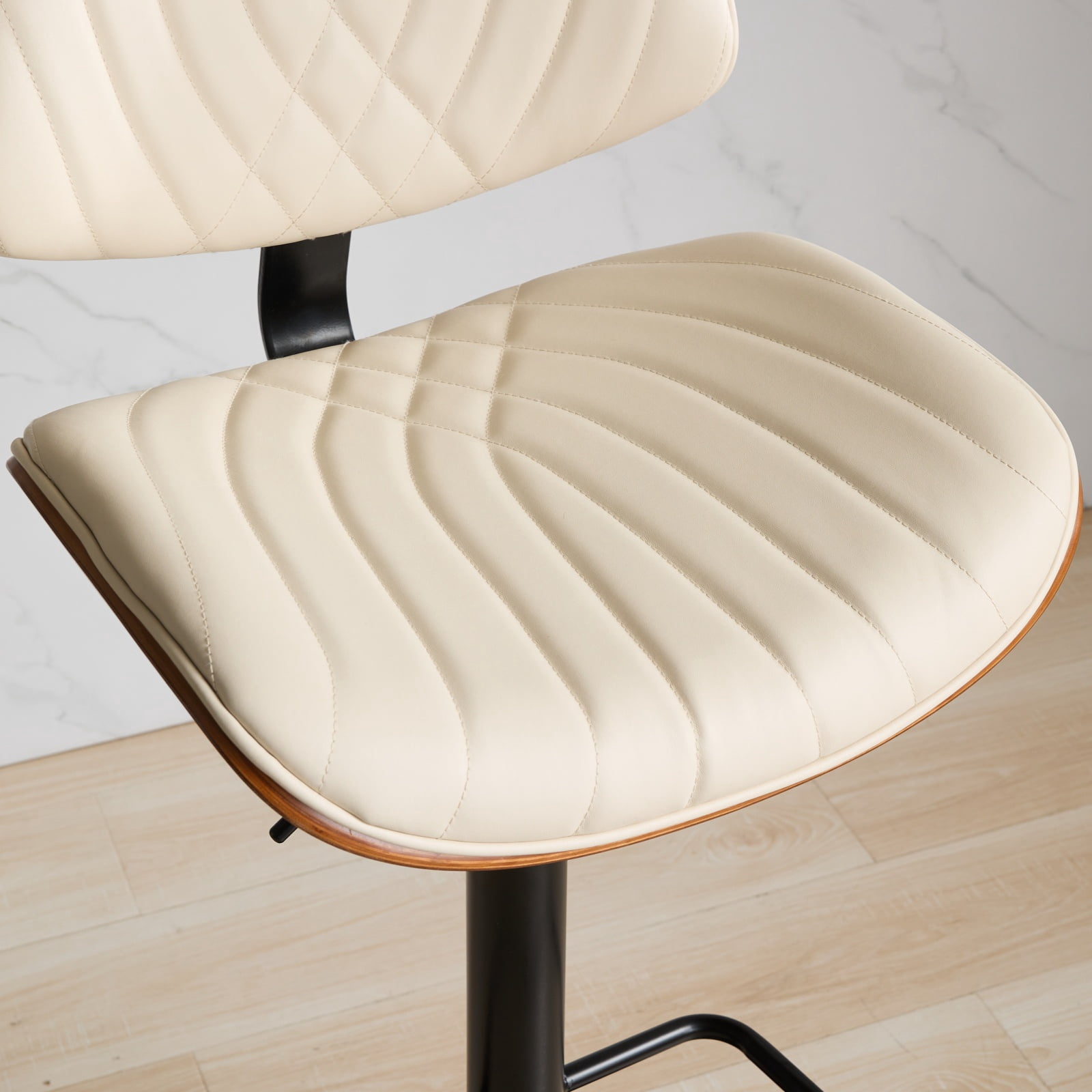 MAYEERTY Walnut Bentwood Bar Stools - Mid-Century Modern, Adjustable Height, Beige Leather, 360掳 Swivel, 1 Chair/Carton, Beige