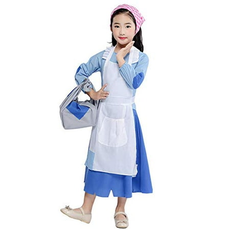 Girl Kids Poor Colonial Costume Pioneer Pilgrim Maid Dress Halloween Cosplay Costume Accessories Outfit Toddlers Christmas Fairy Tale (Blue, Tag L/4-6