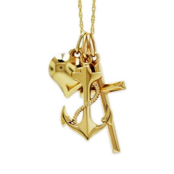 Gold Faith, Hope & Love Necklace - 10 Karat - Hope Pendant - Religious 3D Cross Charm - Puffed Heart Jewelry