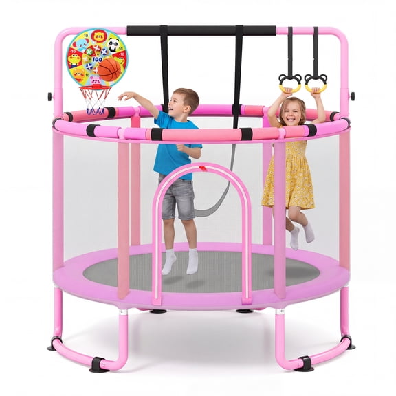 Gymax 60'' Trampoline for Kids w/ Enclosure w/Adjustable Gymnastics Bar Swing Toys Purple