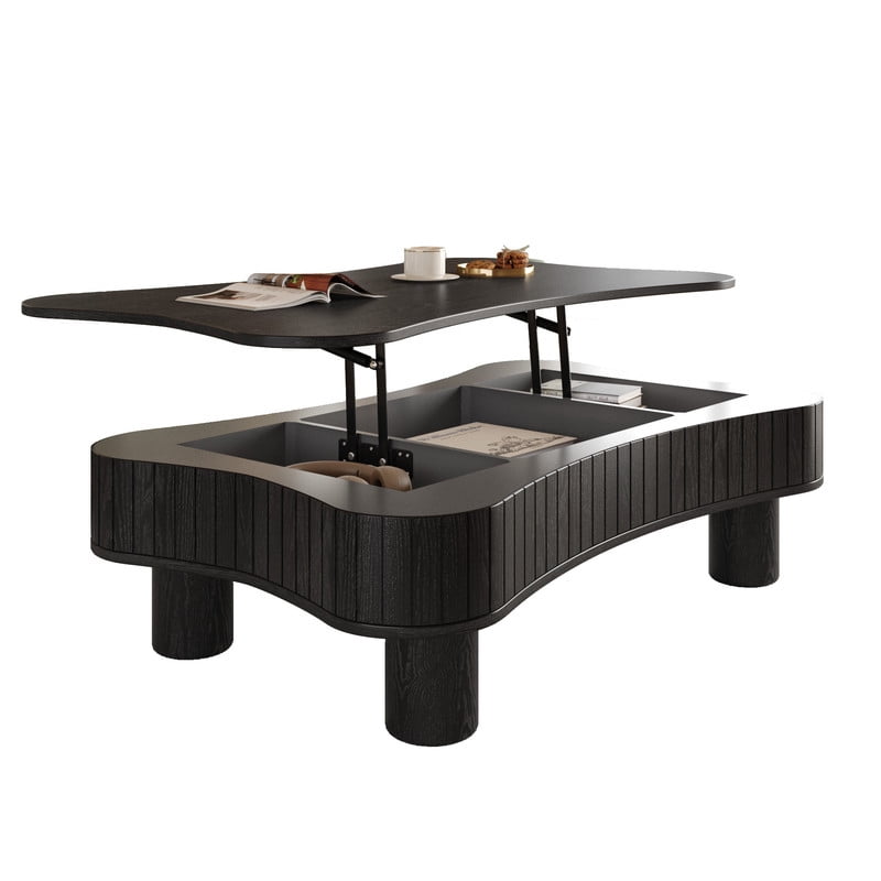 42" Lift Top Coffee Table with Hidden Storage, Fluted Panel Center Table with Hydraulic Lift, Rounded Corners, Wood Living Room Coffee Table for Small Spaces, Black