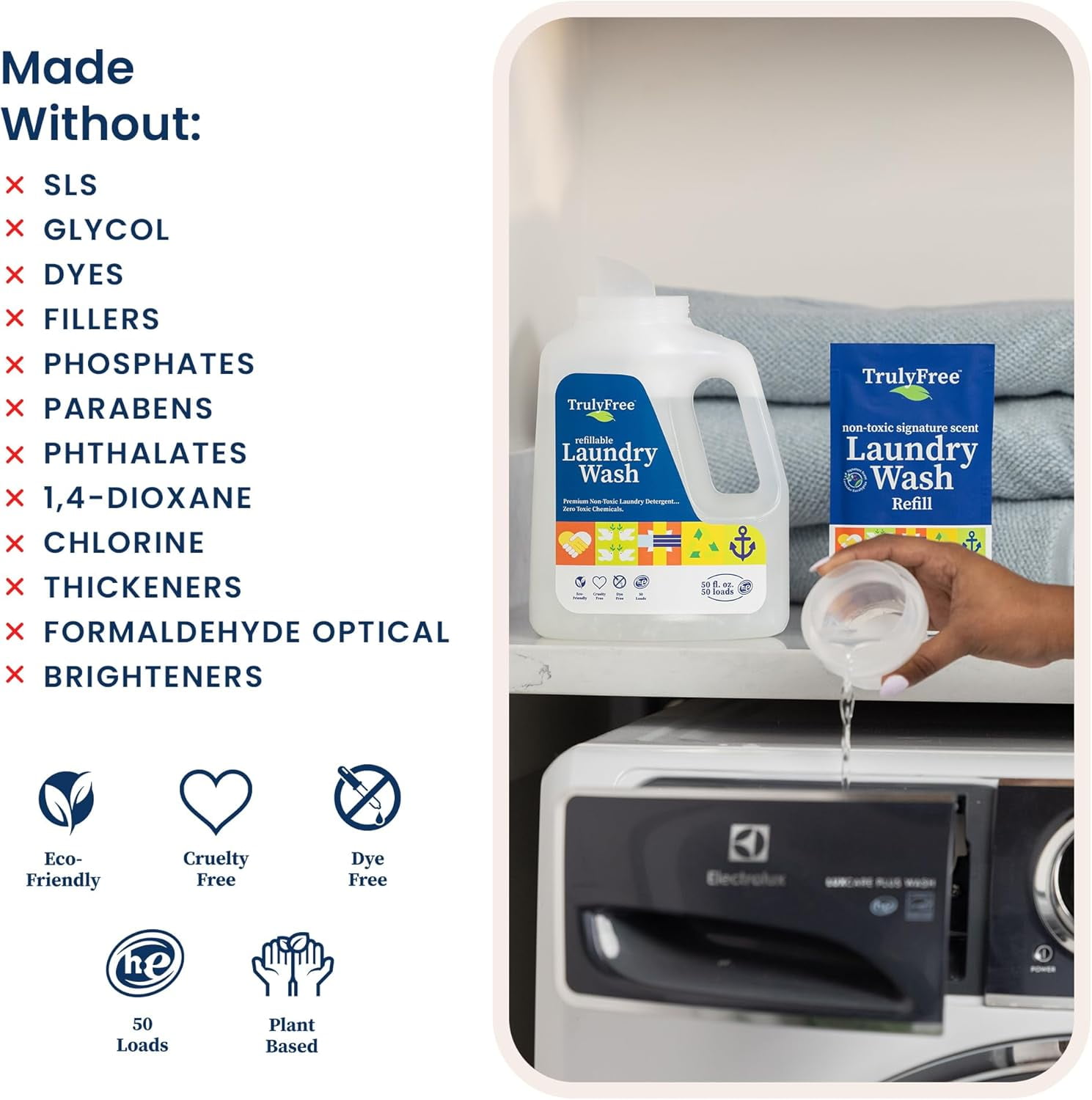 Truly Free Laundry Wash Detergent for Sensitive Skin, Gentle & Safe for Baby Clothes | Plant-Based, Natural Ingredients | Unscented | Include 1 Refillable Bottle (150 Loads)