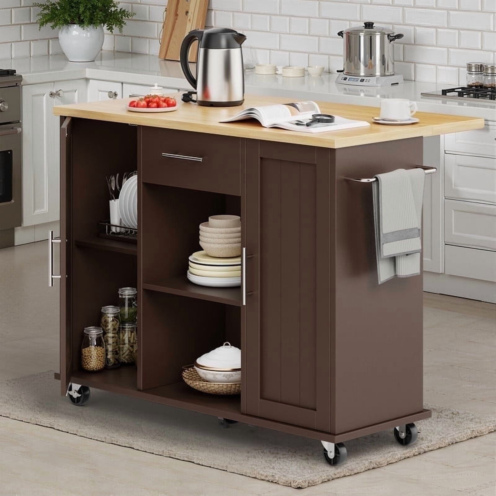 Walsunny Kitchen Islands Carts with Drop Leaf Table 1 Drawer 5 Wheels 2 Magnetic Doors Rolling Storage Cabinet Brown