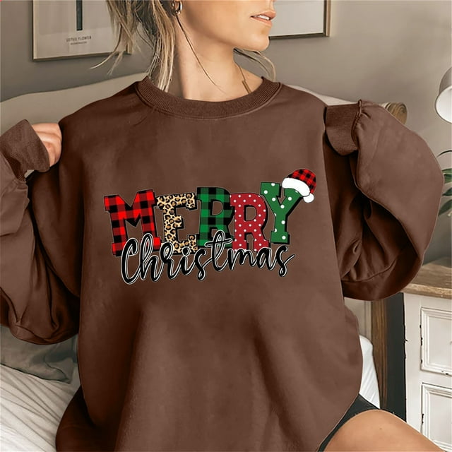 Agifergs Haut de Noël pour Femmes, Haut de Mode Imprimé de Noël à Col Rond pour Femmes, Chandails en Molleton à Manches Longues