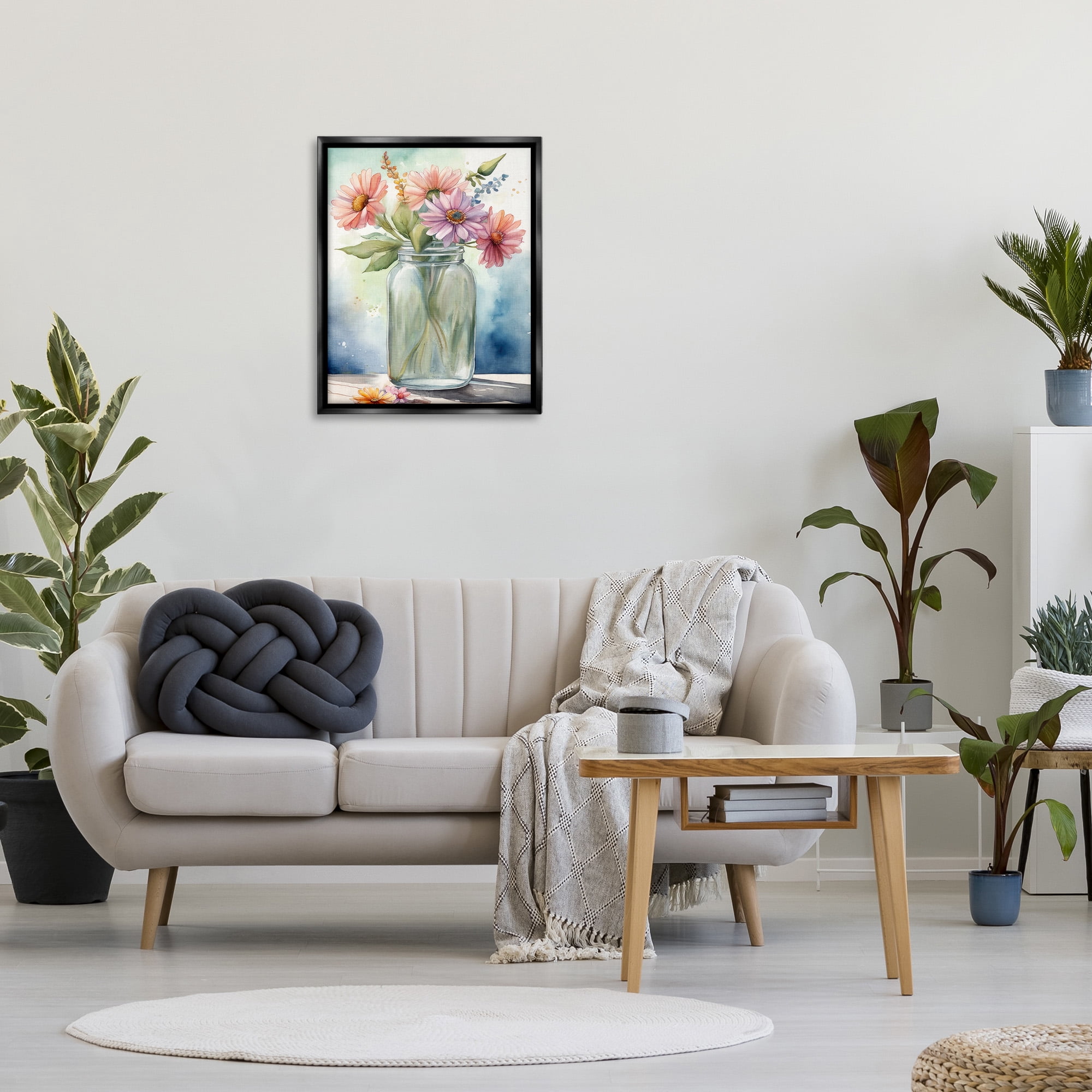 Stupell Industries Gerbera Daisies in Jar Botanical & Floral Painting Black Floater Framed Canvas Art Print Wall Art, 25 x 31