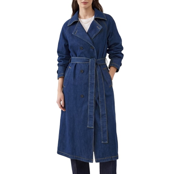 INSPIRE CHIC Womens Denim Trench Coats Double Breasted Long Sleeves A Line Lapel Belted Pockets Back Slit Fall Winter Long Jean Jackets Small Blue