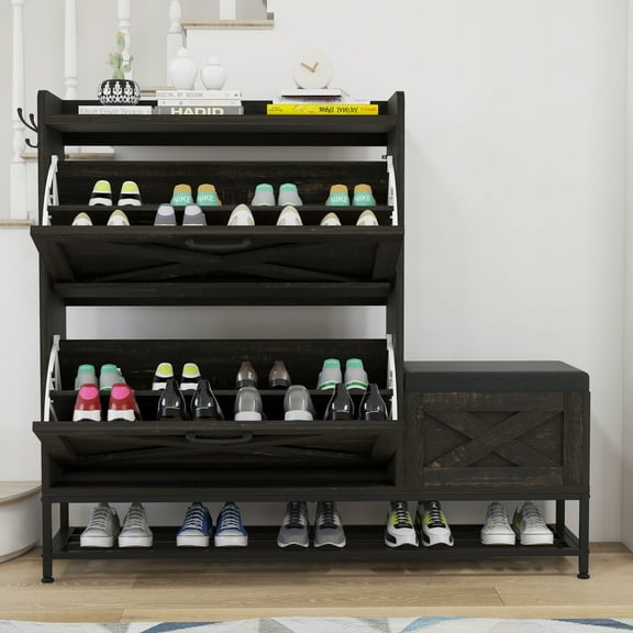 Uforic Shoe Cabinet with with 2 Flip Drawers&Shoe Bench,Farmhouse Narrow Slim Shoe Storage Cabinet for 16 Pairs for Entryway, Foyer, Dark Rustic Oak