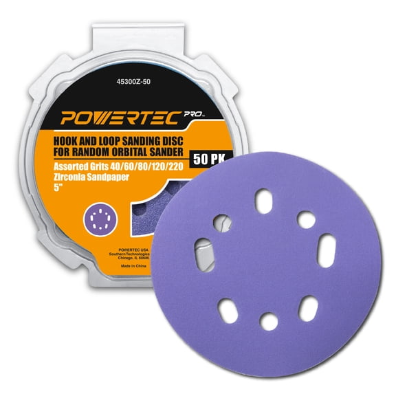 POWERTEC PRO 50PK, 5 Inch Sanding Discs Hook and Loop, 40/60/80/120/220 Grit, Zirconia Orbital Sander Sandpaper for 5 & 8 Hole Random Orbital Sanders-Automotive, Paint, Metal, Woodworking (45300Z-50)