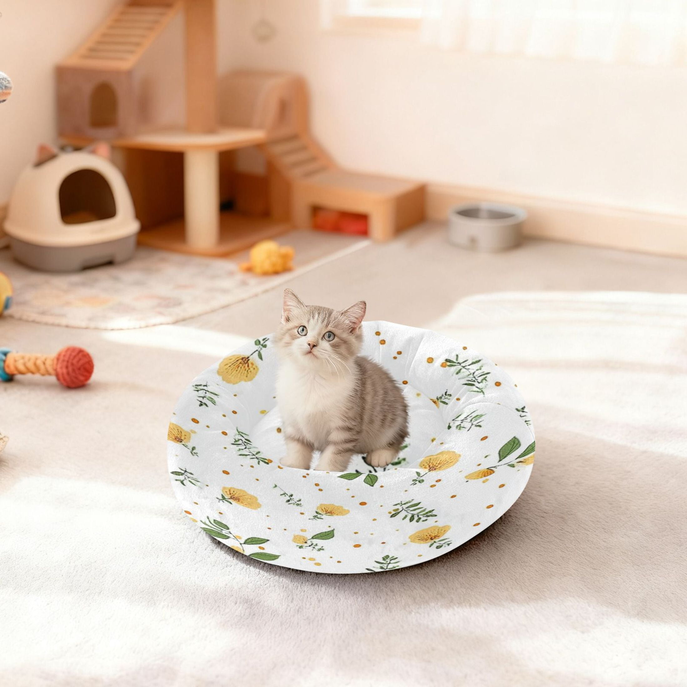 Iauyy Pet Couch Donut Cat Bed for Indoor Cats/Small Dogs Washable & Machine with Non-slip Bottom Calming Cat Furniture, Greenish Small Spots and Orange (M)