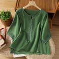 thumbnail image 2 of DeHolifer T-Shirts for Women Cotton Linen 3/4 Sleeve Embroidered Retro Printed Crewneck Casual Loose Blouse Green L, 2 of 8