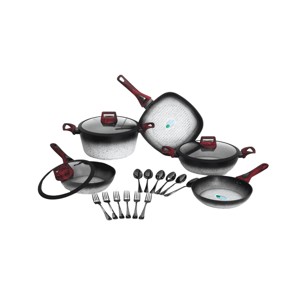 Batería de Cocina Estefanía Mármol Premium con Tapas Irrompibles | Juego de Ollas y Sartenes Antiadherentes | Apta para Todo Tipo de Estufas | Diseño Moderno con Acabado Granito Elegante