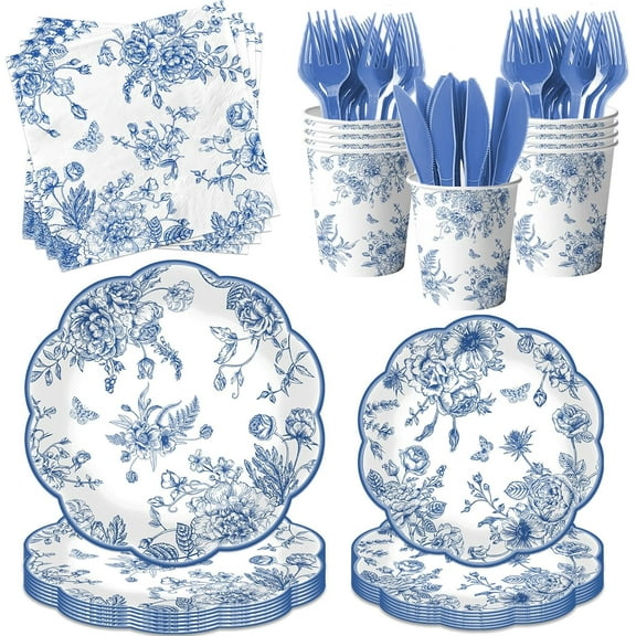 Blue Floral Plates, Toile Scalloped Paper Plates and Napkins for Wedding Bridal Tea Party Supplies