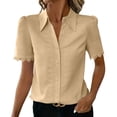 thumbnail image 2 of ClodeEU Women's Collared V Neck Short Sleeve Button Shirt with Lace Trim,Casual Fitted Work Shirt for Office Khaki,Women's Plus XXL, 2 of 7