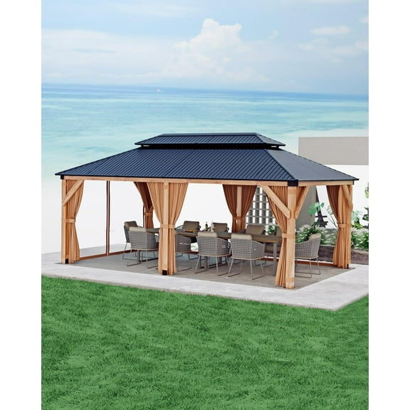 KTENME Hardtop Spruce Wood Gazebo 12'x20', with Double Roof of Metal Sheets, 4.7'' Heavy Duty Poles, Net, and Curtain, Permanent Building for Patio, Deck, Backyard, Lawn, and Garden