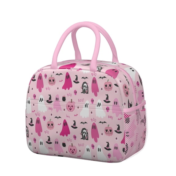Womens Halloween Pink Ghosts and Witchy Elements Lunch Box for Work,Insulated Lunch Bag for Women,Loncheras Para Mujer,Leakproof Adult Lunch Bag for Work,Beach,Travel,Picnic,Camping