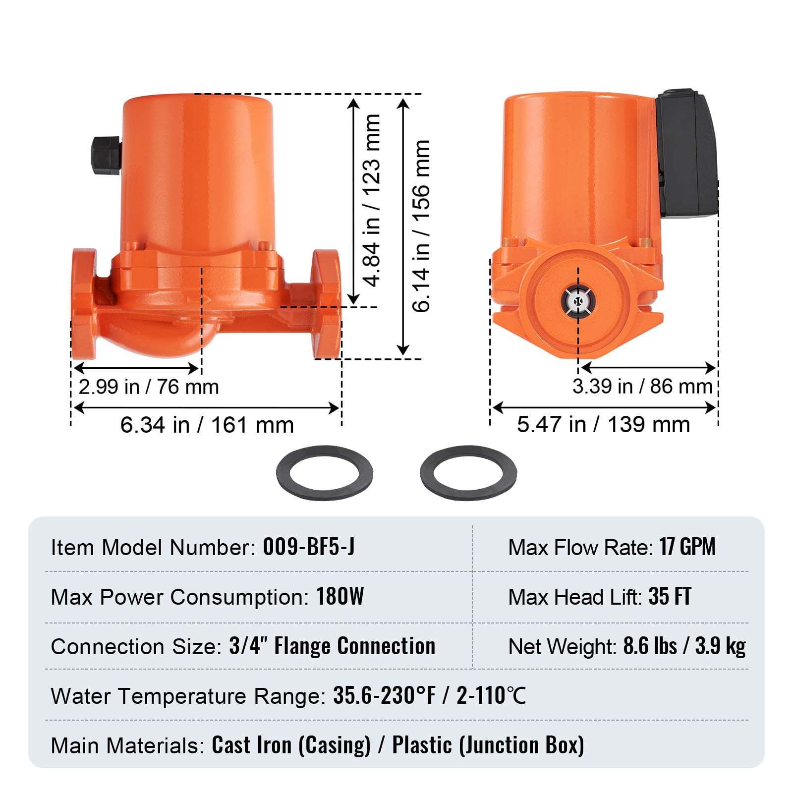 KFFKFF 009-BF5-J Water Circulation Pump, 110V, 180W, 17 GPM, 3/4" NPT Flange, 3-Speed, Quiet Home Heater System Pump