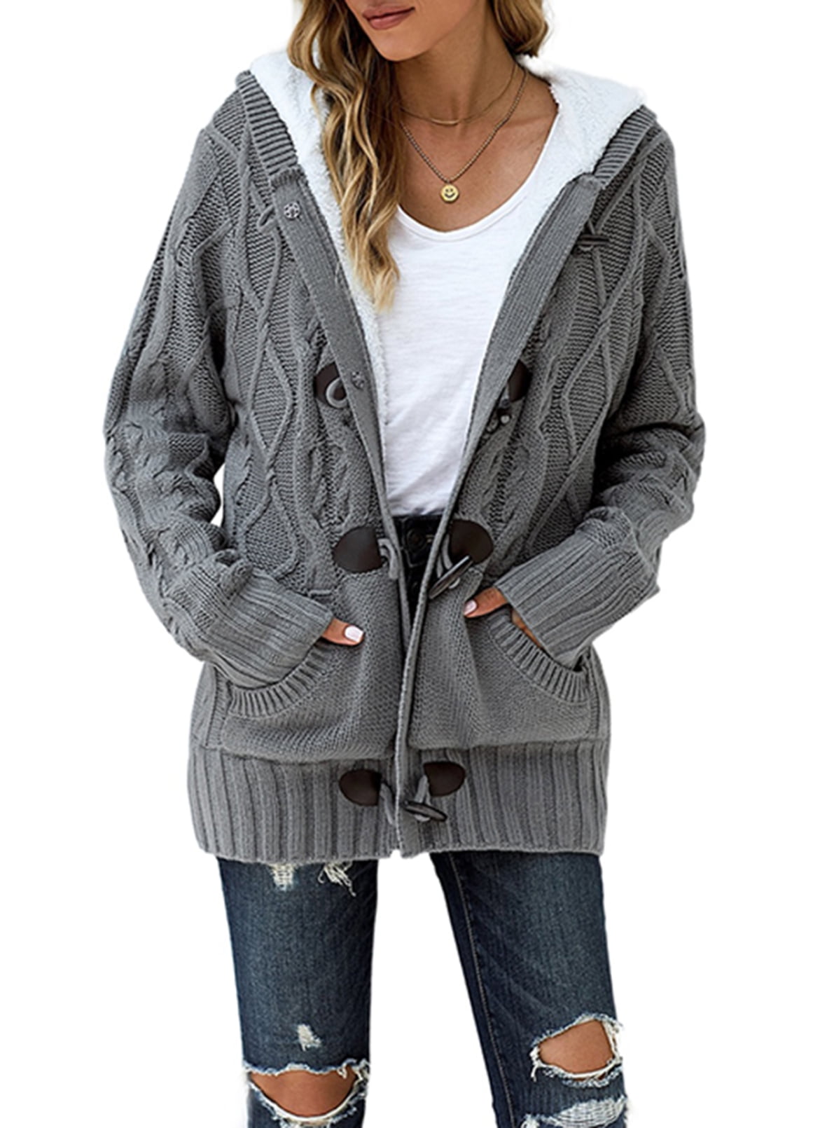 Womens Plus Size Hooded Cardigans Jackets Casual Long Sleeve Button Up Cable Knit Sweater Coat Outwear with Pockets