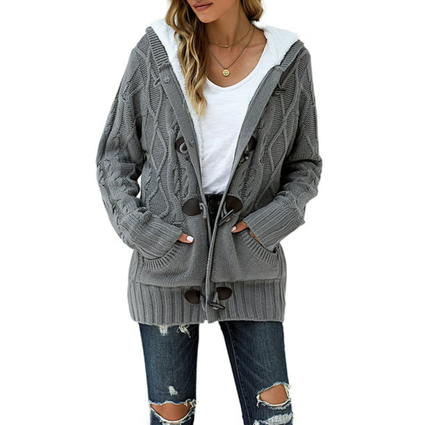 Eytino Hooded Cardigan Sweaters for Women Fleece Lined Sweater Button ...