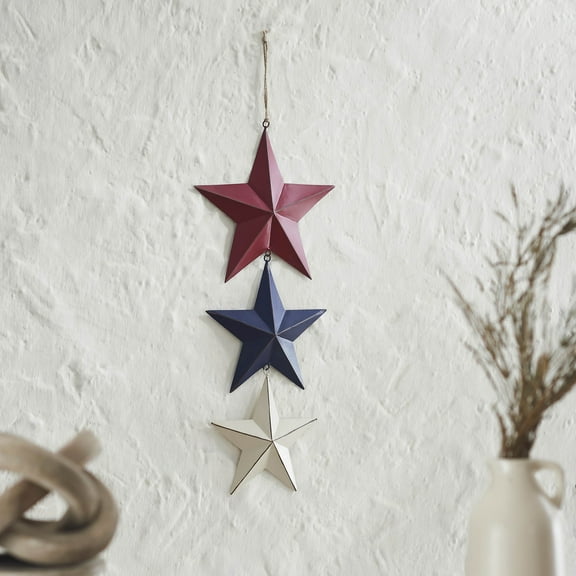 VHC Brands Patriotic Painted Metal RWB Stars Wall Hanging w/Jute Twine 20x8x1, Independence Day Decor, Decorative Wall Hanging, Rustic Farmhouse Decorations, Burgundy, Navy, Creme