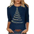 thumbnail image 1 of Hauts d'Été pour Femmes Col Rond Imprimé de Noël Manches Trois-Quarts T-Shirts pour Femmes Bleu Foncé TTG, 1 of 3
