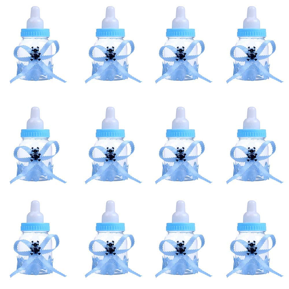 4 X 3.5" BLUE PLASTIC BOTTLES BABY SHOWER FAVOURS GENDER REVEAL PARTY BOYS 