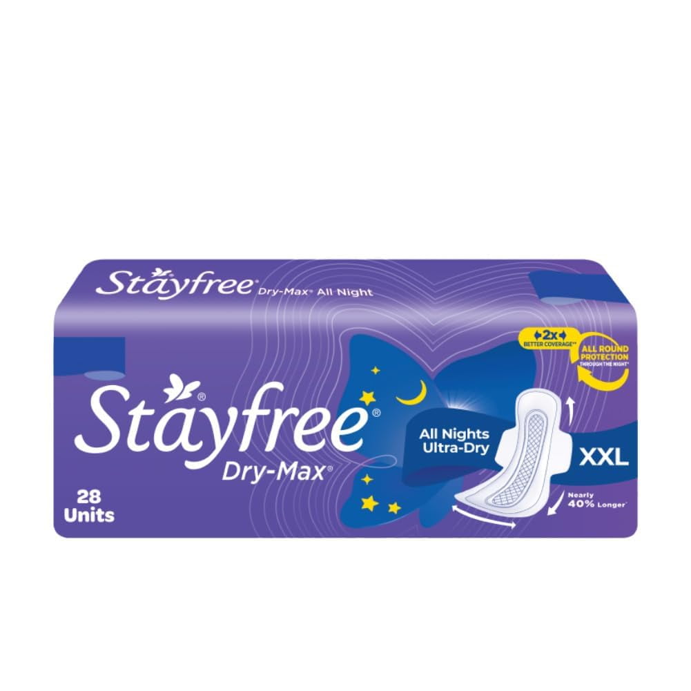Stayfree Dry Max All Night Xxl (28 Pads) Dry Cover Sanitary Pads For Women With Wings