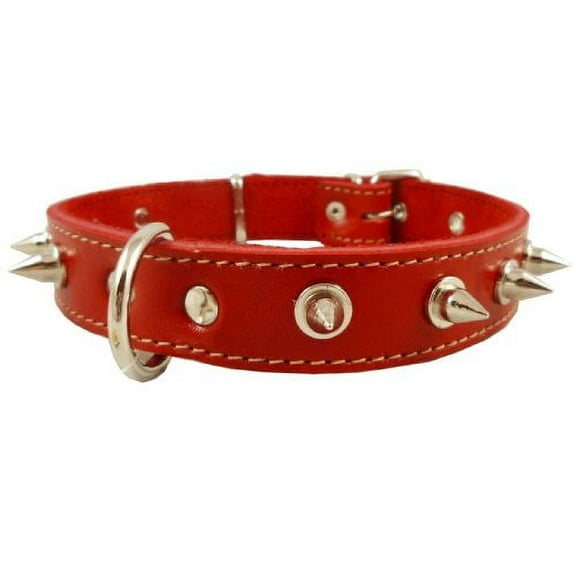 Real Leather Red Spiked Dog Collar Spikes, 1' Wide. Fits 14'-17' Neck, Medium Breeds