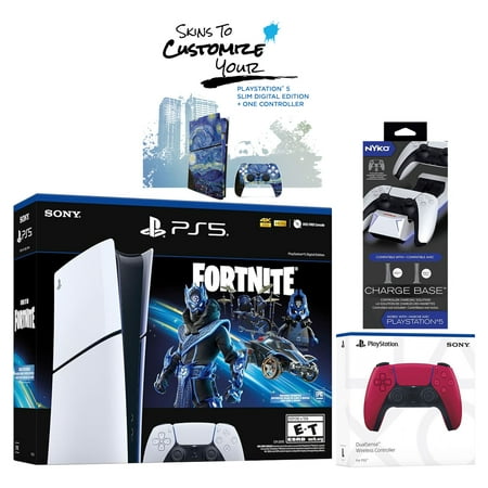 Sony PlayStation 5 Slim Digital PS5 Fortnite Cobalt Star with Extra Cosmic Red Controller and MightySkins Voucher Bundle