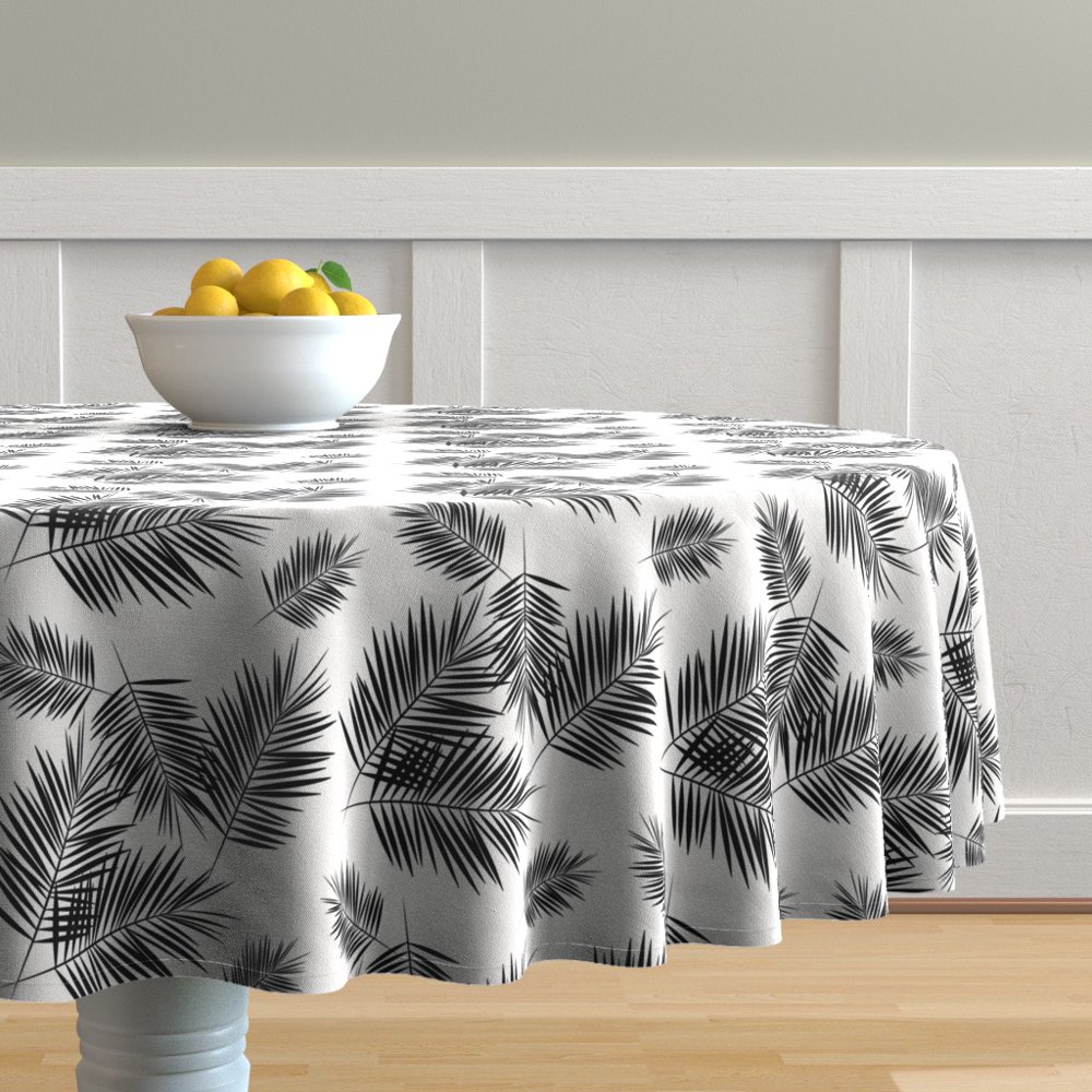 Round Tablecloth Black + White Palm Leaf Leaves Fern Tree Summer Cotton Sateen