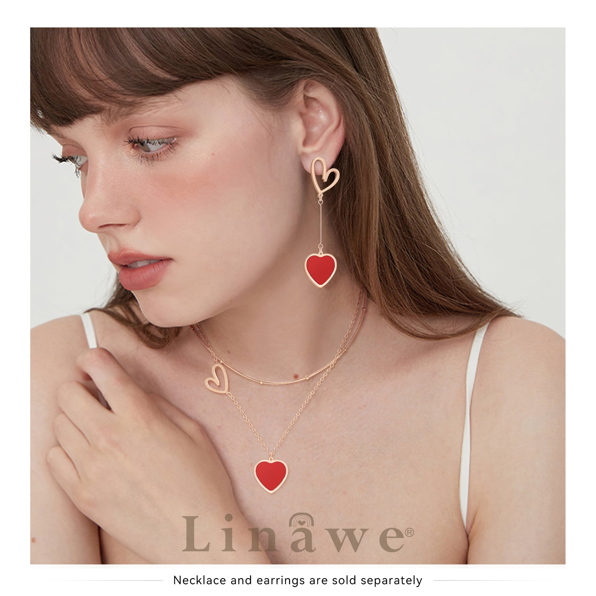 Linawe Red Heart Layered Necklace Set for Women Stainless Steel