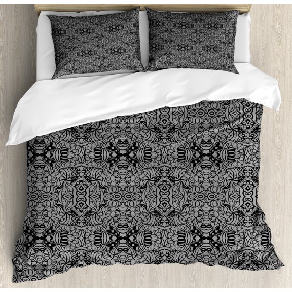 Dark Grey Duvet Cover Set Queen Size, Abstract Antique Pattern with Curves and Swirls Renaissance Revival Vintage, Decorative 3 Piece Bedding Set with 2 Pillow Shams, Pale Grey Black, by Ambesonne