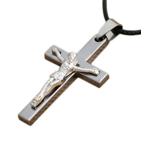 Religious Leather Pendant - Jesus On the Cross Crucifix Religious Christian Necklace Jewelry, J-359-A