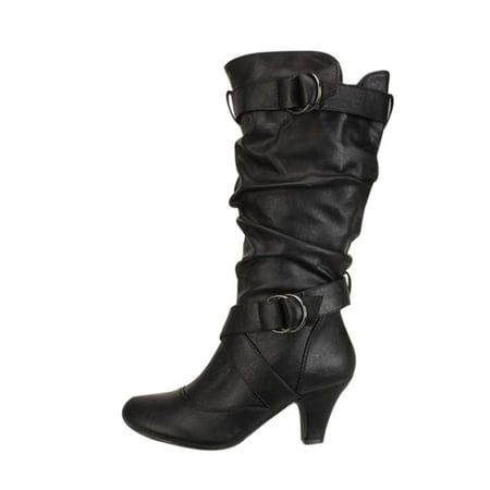

Sehao Women s Heeled Knee High Boots Back Retro Slouchy High Heel Boots Black PU