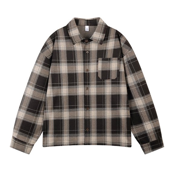 LNWUY Men's Fashion Striped Plaid Shirt Long Sleeve Button-Down Shirts Regular Fit Casual Collared Shirt with Pockets Brown XXXL