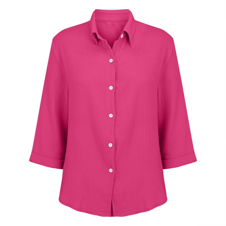 pink dress shirt women's plus size AKOEE Womens Button Up Shirts Plus Size 3/4 Length Sleeve Tops Lapel Collared Dressy Casual Blouses Loose Fit (S, Hot Pink), Women's, Size: Small