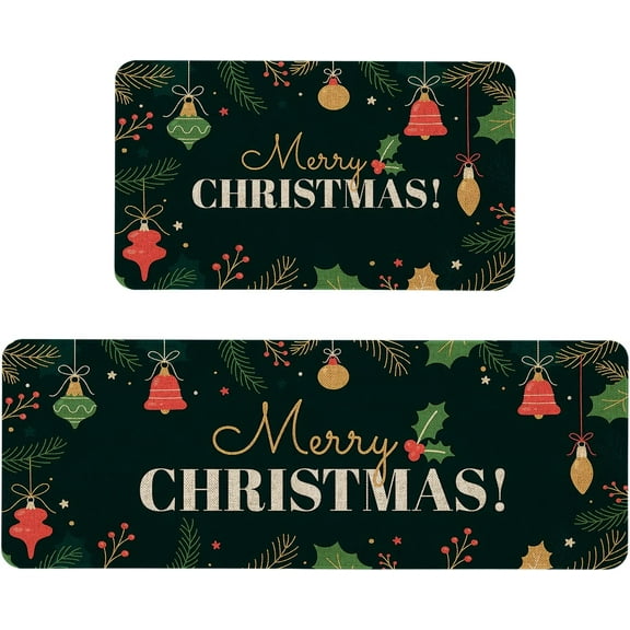 Merry Christmas Kitchen Mats Set of 2, Anti Fatigue Stain Floor Rug Christmas Decorative Non Slip Cushioned Floor Mat - 17x29 and 17x47 Inch