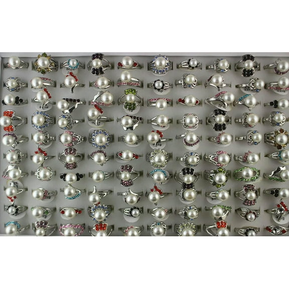 K-KED Wholesale Lady's Rings 32pcs Mixed Lots Round Imitation Pearl Rhinestone Ring