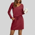 thumbnail image 3 of Gamivast Tshirt Dress for Women Long Sleeve V-Neck Casual Dresses Loose Mini Dress Elastic Drawstring Waist Solid Soft Pockets Simple Daily, 3 of 4