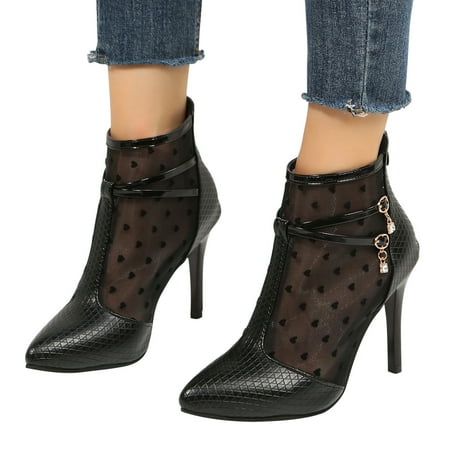 

Hinvhai Women s Mesh Ankle Boots Clearance Fashion High Heels Sandals Booties Non Slip Pointed Toe Stilettos Boots with Back Zipper Black 8.5(41)