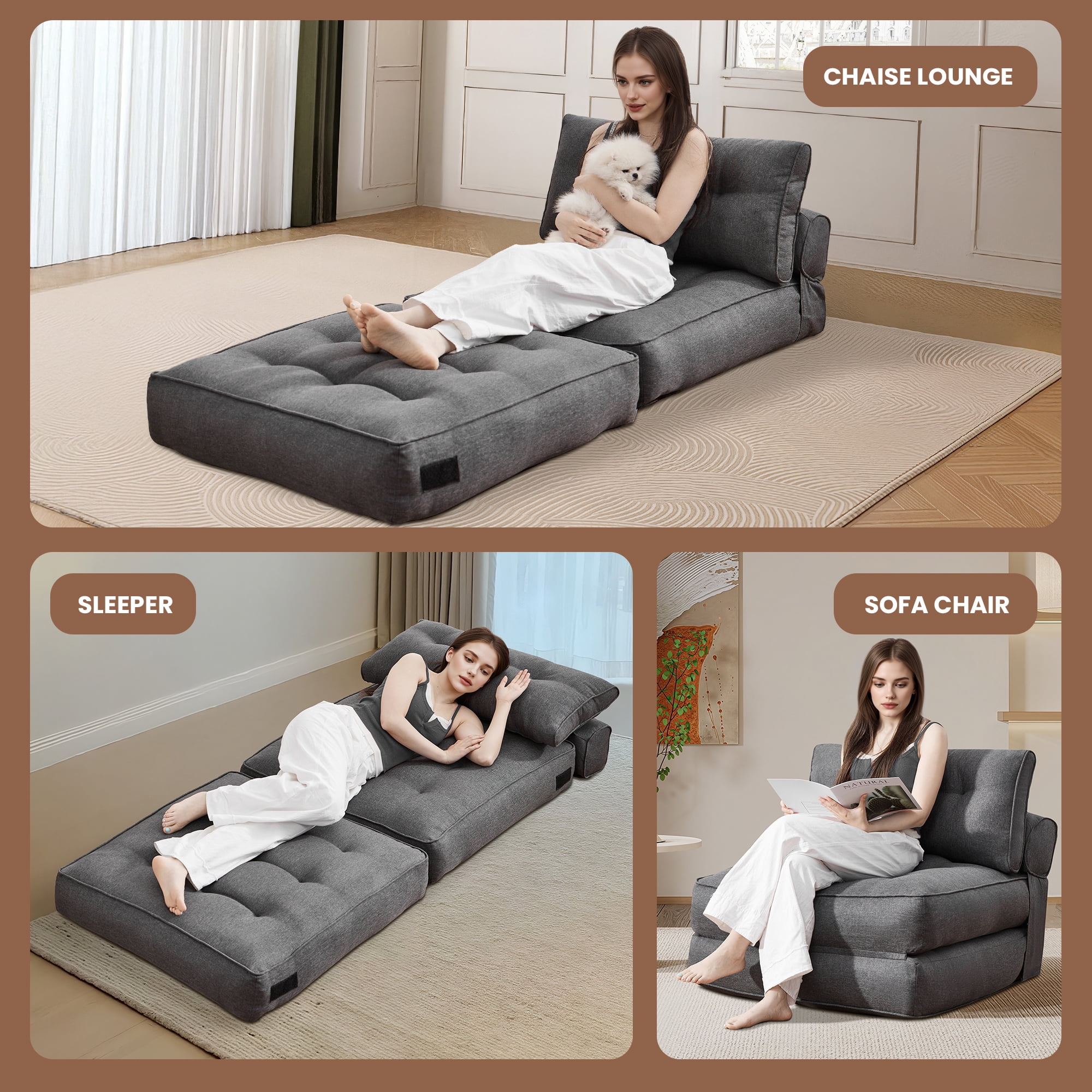 SERWALL Folding Sofa Chair, 4-in-1 Convertible Sofa Bed, Foldable Sofa Chair for Bedroom, Grey