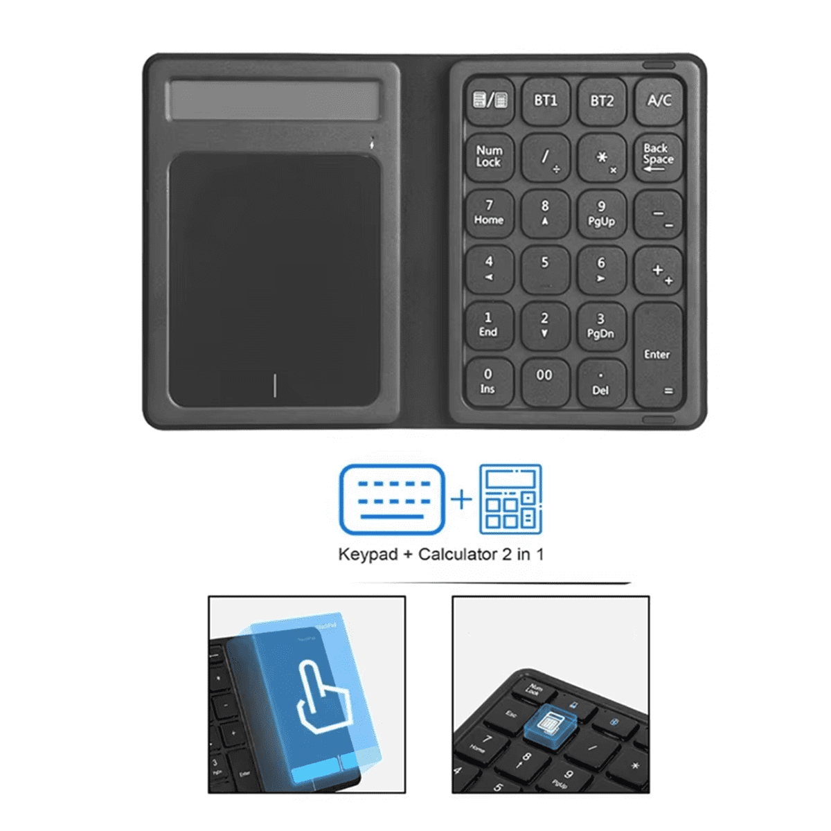 Foldable Bluetooth Numberic Keyboard with Touchpad Portable 3in1 Calculator Wireless Number Keypad for PC Laptop,1 x Bluetooth Numberic Keyboard,Black