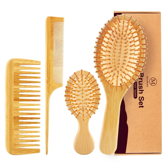 MoyRetty Juego de peines y cepillos de bambú para el cabello, cepillo de madera natural para desenredar, para cabello grueso, fino, rizado, liso, ondulado, seco, fino, para hombres, mujeres y niños, s
