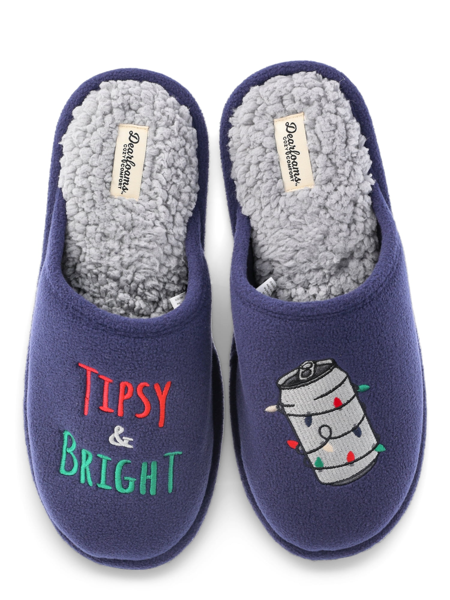 Dearfoams Cozy Comfort Men's Holiday Novelty Scuff Slippers, Tipsy and Bright