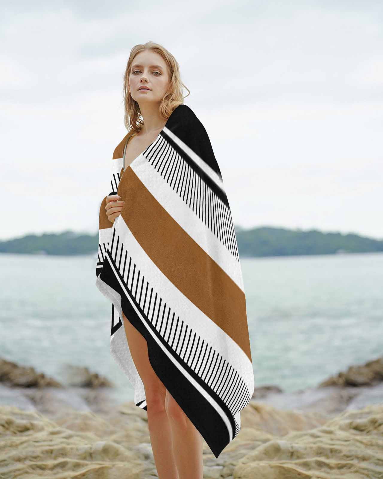Modern Brown Black Beach Towels Oversized Super Absorbent, Boho Contemporary Geometric Striped Lightweight Bath Towel Quick Dry Sets For Bathroom/Pool/Rv Camping/Beach Play/Gym Room/Picnic 31"x62"