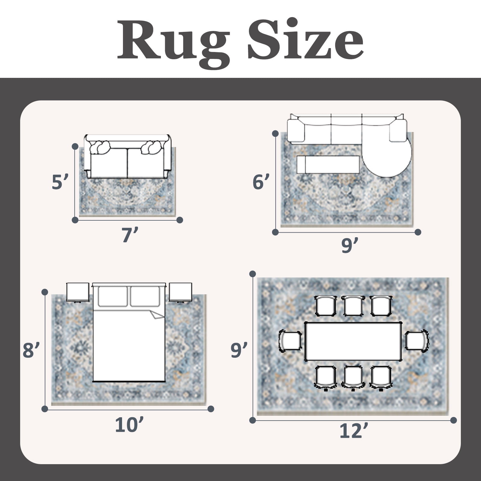 Pentantan 9'x12' Area Rugs, Washable Vintage Boho Rugs for Living Room, Modern Soft Indoor Carpet for Bedroom, Dining Room, Office, Blue