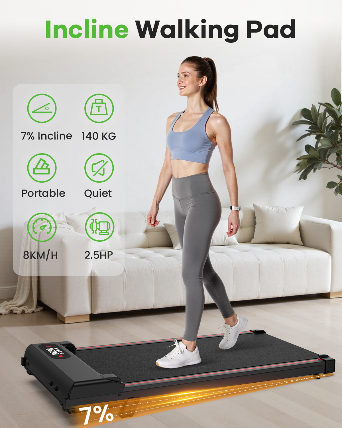 Evitormill Walking Pad Under Desk Treadmill with Incline for Home and Office, 2.5HP Low Noise, 35" Running Belt, Supports 265 Lbs (Black)