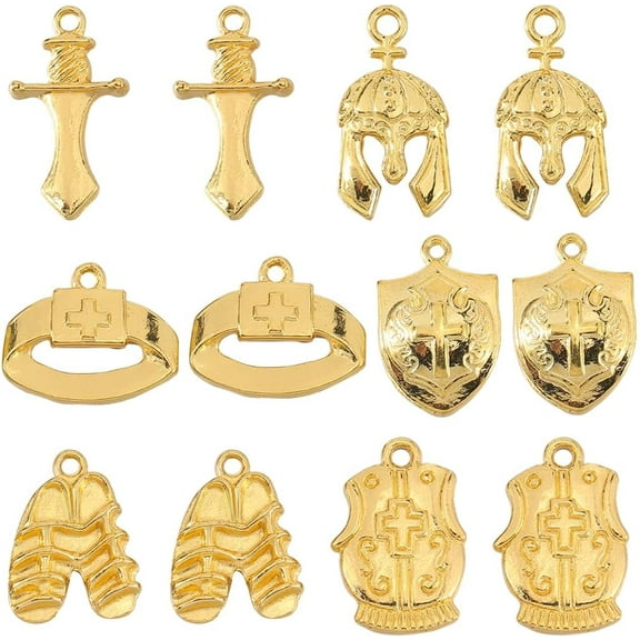 48Pcs 6 Styles Biblical Theme Tibetan Style Alloy Pendants Mixed Shapes Golden 16~24.5x13.5~20x2~5mm Hole: 1.6~2mm 8pcs/style