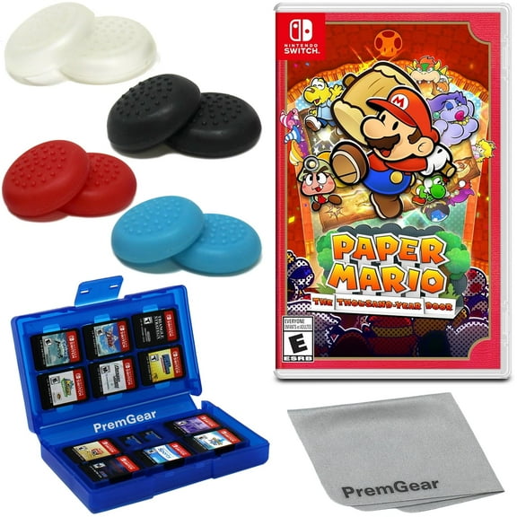 Paper Mario: The Thousand-Year Door for Nintendo Switch (US Version), with PremGear Thumb Grips (8 pack - 2 Black, 2 Blue, 2 Red & 2 Clear), 24 Slot Game Card Holder & Cleaning Cloth